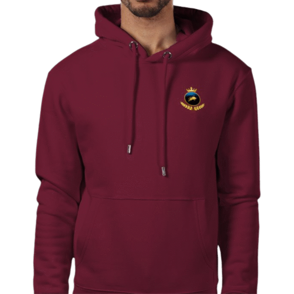 Front view of Burgundy Crown Premium Hoodie, mens luxury activewear from ElitePulse at Investor GCC